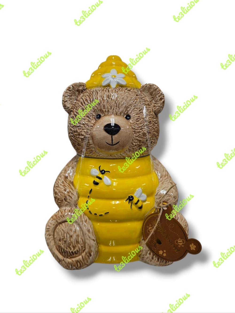 SIMPLE & SWEET TEDDY BEAR BROWN HONEY POT BUMBLE BEE YELLOW COOKIE JAR